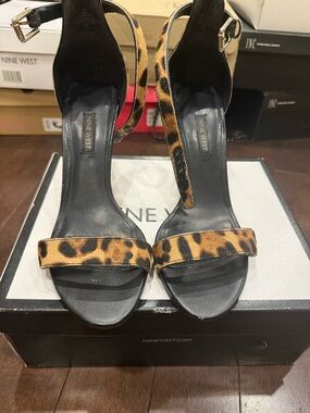 Nine West Leopard Print Ankle Strap Heels - Black & Brown